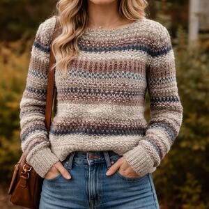 Lauren Hansen Women's Medium Hand Knit Sweater Striped Cozy Acrylic